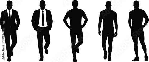 Silhouettes of five men in varying degrees of dress and poses against a light gray background plain scene