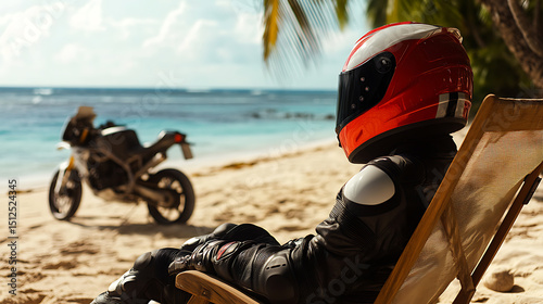 Fototapeta Naklejka Na Ścianę i Meble -  Motorcycle rider relaxes on beach. Helmeted figure enjoys the view from a beach chair. Bike parked nearby, sunny day by the ocean.