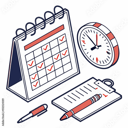 Isometric view of calendar clock and clipboard with pen design