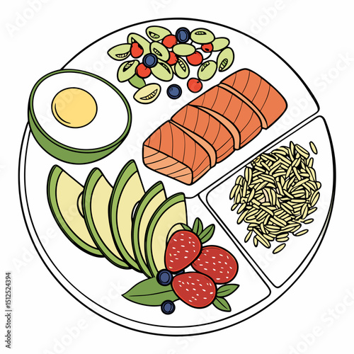 A balanced plate with salmon avocado and various side dishes
