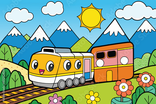 Happy cartoon train traveling through mountains