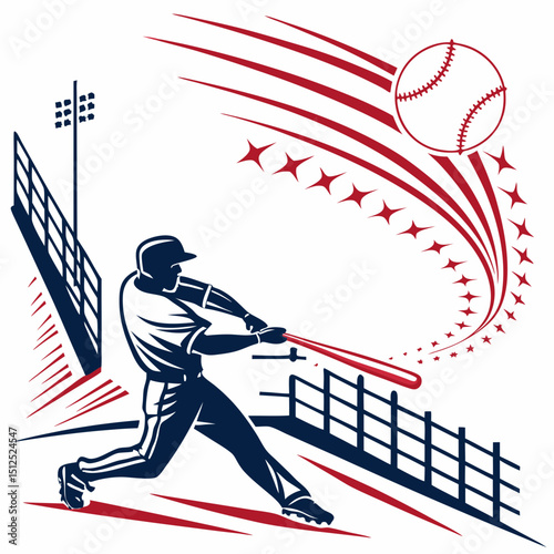 Baseball player swinging bat with stars and stadium in view