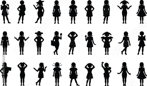 A collection of various female silhouette figures in different poses and outfits on a white background