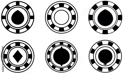 Six Black and White Casino Chip Icons