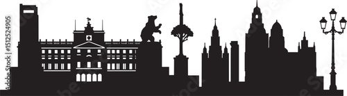 Silhouette of Madrid Skyline Spain Cityscape with Landmark Buildings and Urban Architecture, Travel Destination and Famous Places