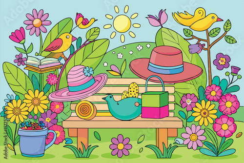 Spring garden scene with birds hats and flowers