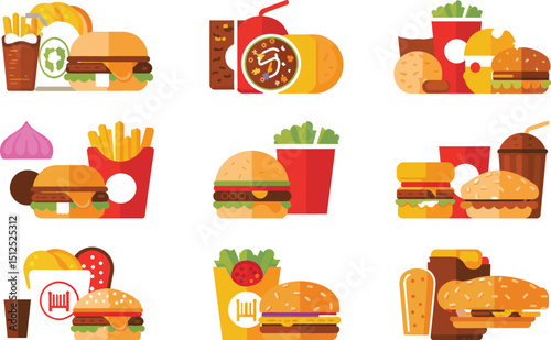 Flat vector illustration of fast food items including burgers fries and drinks arranged in a grid pattern