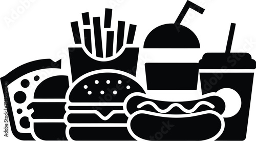 A monochrome illustration of fast food items including pizza burger fries hotdog and soft drinks on gray background