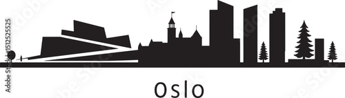 Silhouette Skyline of Oslo Norway Cityscape with Modern Architecture and Evergreen Trees Against a Dark Background