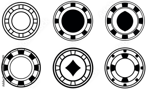 Six Black and White Casino Chip Icons