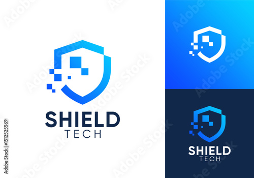 abstract shield technology logo. simple security digital pixel icon vector design