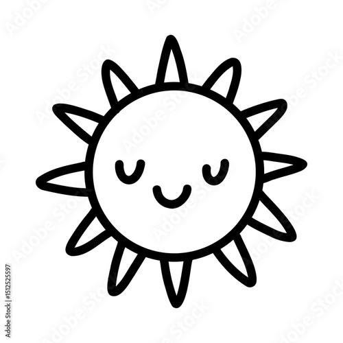 Cute kids sun doodle hand drawn icon character face in black and white. Outline drawing funny happy smile sun cartoon character line clipart symbol for kids design, baby prints. Vector illustration