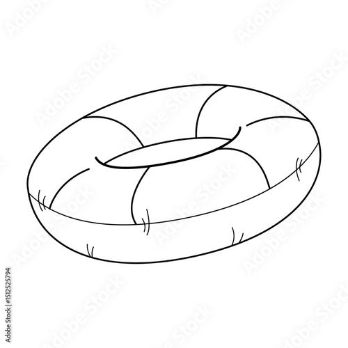 Black and white line drawing of a round inflatable swim ring. Summer beach pool toy outline for kids and adults.