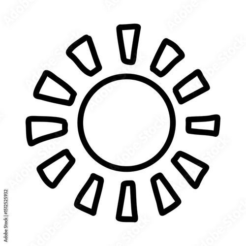 Doodle hand-drawn sun icon with irregular bold rays in black on white background. Simple boho style design element perfect for tattoos, stickers, wall art, logos, graphic projects. Vector illustration