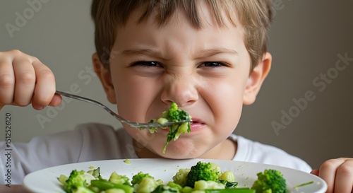 Funny kid expression while eating vegetables
