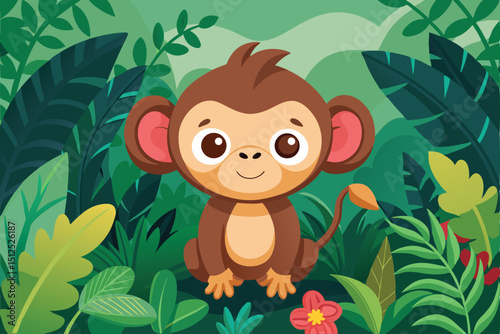 Adorable baby monkey in lush green jungle