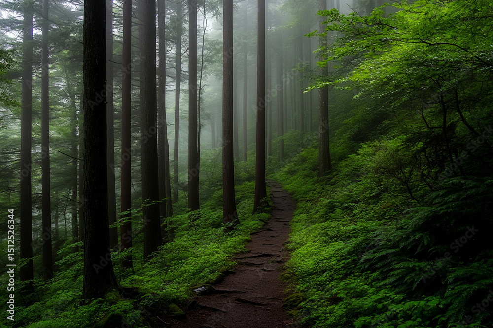 Fototapeta premium Misty forest trail winding through lush greenery under soft light