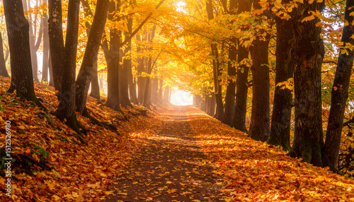 Golden Autumn Path Sunlit Pathway Through Vibrant Fall Foliage