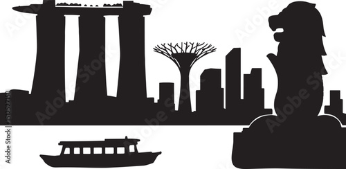 Singapore Skyline Silhouette with Marina Bay Sands, Supertrees, Merlion Statue on Dark Background