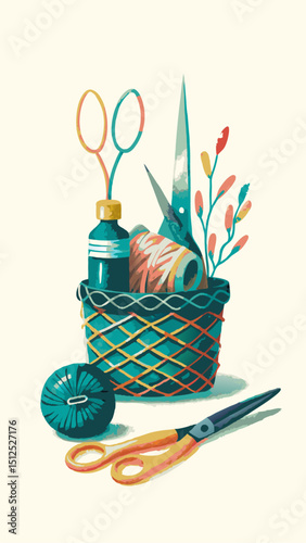 Basket weaving tools watercolor image. Flat style. Vector illustration.