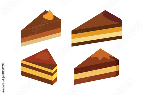 Flat Design of a Slice of Chocolate Cake set Vector Illustration on White Background.