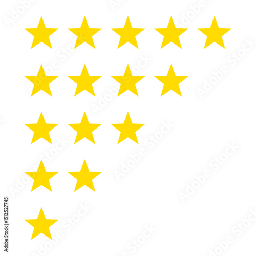 5 star rating icon vector illustration. Isolated badge for website or app infographics.
5 star review. Five gold stars icon,service rate or quality feedback sign. Yellow stars customer product rating.