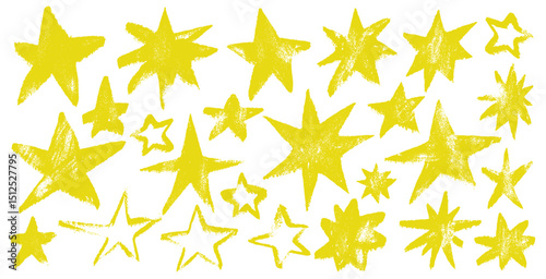 Set of chalk stars with ragged jagged edges. Kids grunge yellow stars with crayon texture. Template hand drawing shape in kid sketch style on white background. Vector stars in a childish style.