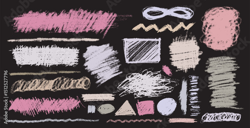Set of pastel pencil underline, crayon scribble brush and line. Realistic vector multi kids crayon scribble line, stroke, design element. Crayon colored elements in grunge style. Vector illustration.