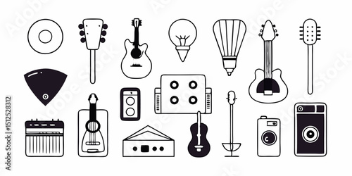 Set of different musical instruments icons. Flat line icons isolated on white background. Vector illustration.