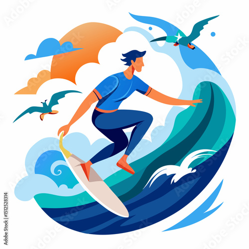 International Surfing Day Vector Illustration – Surfboard, Waves, Beach Life, Ocean Sport