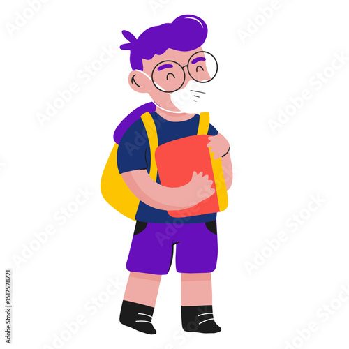 Kid with face mask and book semi flat
