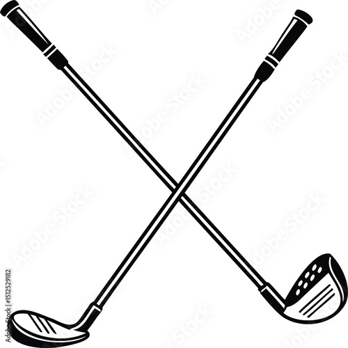 Detailed Silhouette of Crossed Golf Clubs, Vector Illustration Featuring Classic Club Heads and Grips in X Shape for Golf Branding, Sports Logos, or Tournament Graphic Design