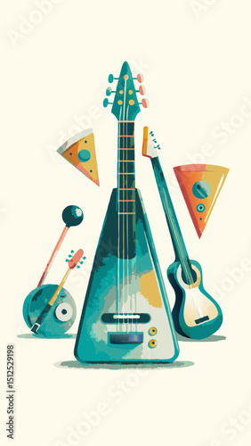 Musical instruments watercolor image. Flat style. Vector illustration.