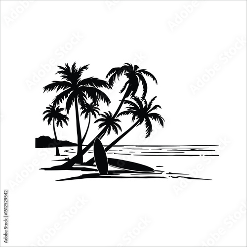 Beach scene with palm trees and surfboard vector illustration summer vacation tropical island design 100