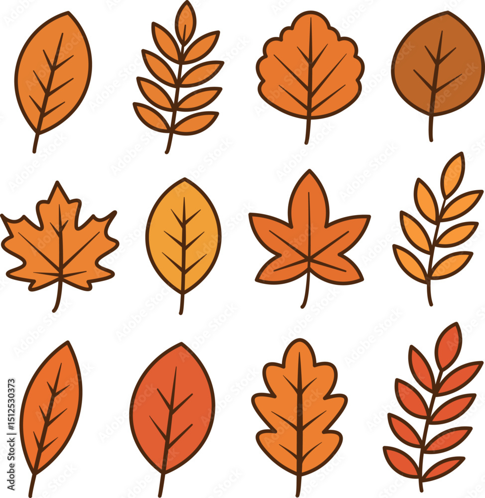 Obraz premium A collection of various autumn leaves in shades of orange and yellow. The leaves are illustrated with simple outlines and diverse shapes.