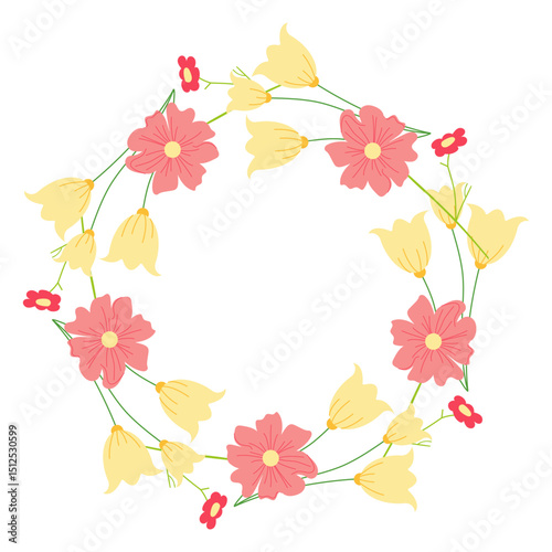 Round yellow and red border adorned with ornamental tulips and other flowers. Botanical vector illustration ideal for greeting cards, banners, and invitations
