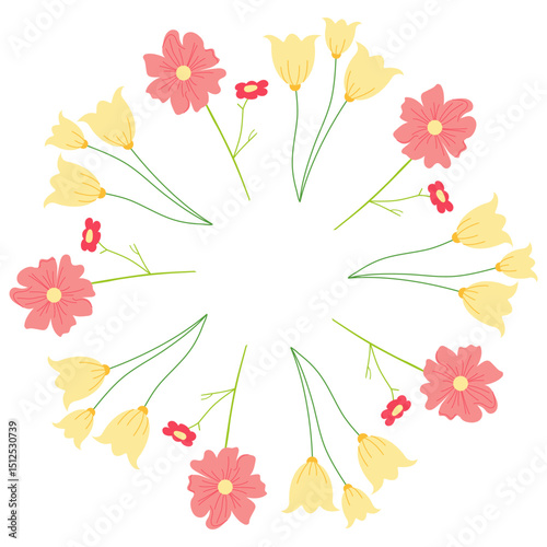 Circular yellow and red border featuring stylized tulips and other flowers. Elegant botanical vector artwork suitable for greeting cards, banners, and event invites
