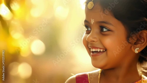 A cheerful Indian child with bright, expressive eyes and a warm, infectious smile. The child has dusky skin, rosy cheeks, and a playful expression, standing in a sunlit village courtyard 