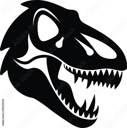 Dinosaur skull silhouette, black fossil vector, prehistoric bone icon, extinct animal graphic
