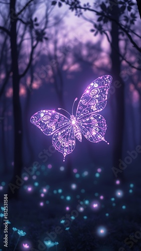 Glowing purple butterfly in enchanted forest at dusk