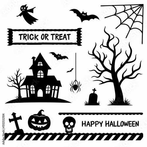 Big set of halloween silhouettes black icon and character. Design of witch, creepy and spooky elements for halloween decorations, sketch, icon, sticker. Hand drawn vector solated background