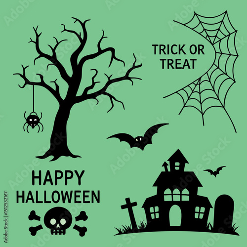 Big set of halloween silhouettes black icon and character. Design of witch, creepy and spooky elements for halloween decorations, sketch, icon, sticker. Hand drawn vector solated background