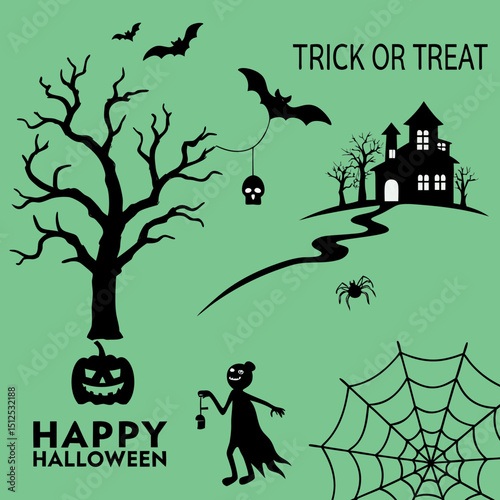 Big set of halloween silhouettes black icon and character. Design of witch, creepy and spooky elements for halloween decorations, sketch, icon, sticker. Hand drawn vector solated background