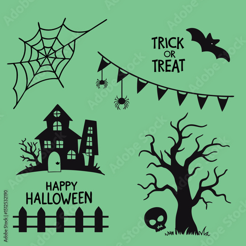 Big set of halloween silhouettes black icon and character. Design of witch, creepy and spooky elements for halloween decorations, sketch, icon, sticker. Hand drawn vector solated background