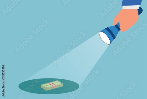 Vector illustration of a hand holding a flashlight over a pile of money, symbolizing financial discovery, hidden wealth, investment opportunities, or a focused search for profit
