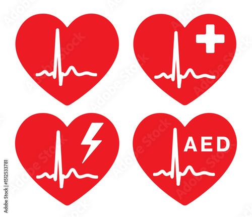 ECG heart line beat. AED emergency defibrillator icon sign symbol. First aid Automated external defibrillator. Vector illustarion. Isolated on white background.