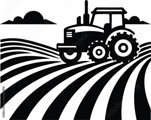 Farm tractor silhouette, agricultural vehicle icon, rural machinery vector, simple farming design
