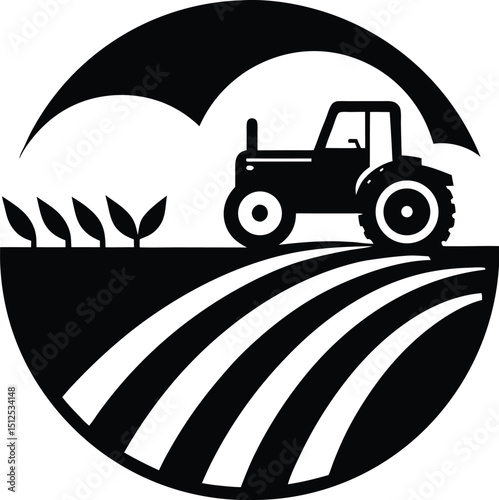 Farm tractor silhouette, agricultural vehicle icon, rural machinery vector, simple farming design
