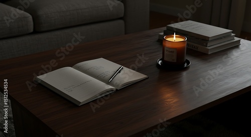 Cozy Evening Candlelight, Notebook, and Books on a Dark Wood Coffee Table