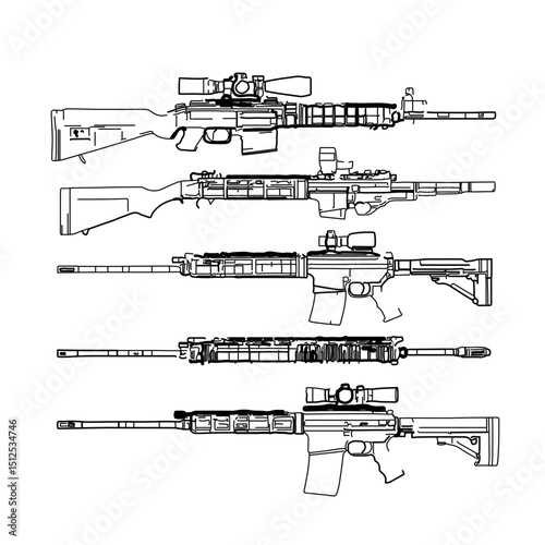 Modern Combat Rifle Line Art Side View Illustration